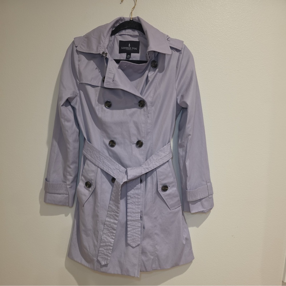 London Fog Trench Coat Women Large Lavender Cotton Double Breasted Belted Hooded